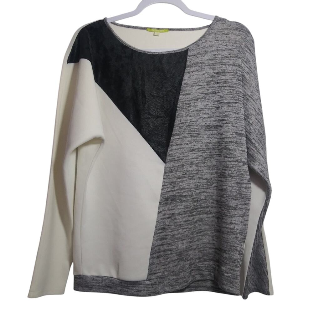 Gianni Bini Color Block Knit Faux Leather Drop Sleeve Pullover Top Office Size M